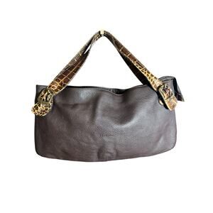 Petusco leather made in Spain Shoulder Bag tote brown w/ croc handles buckle
